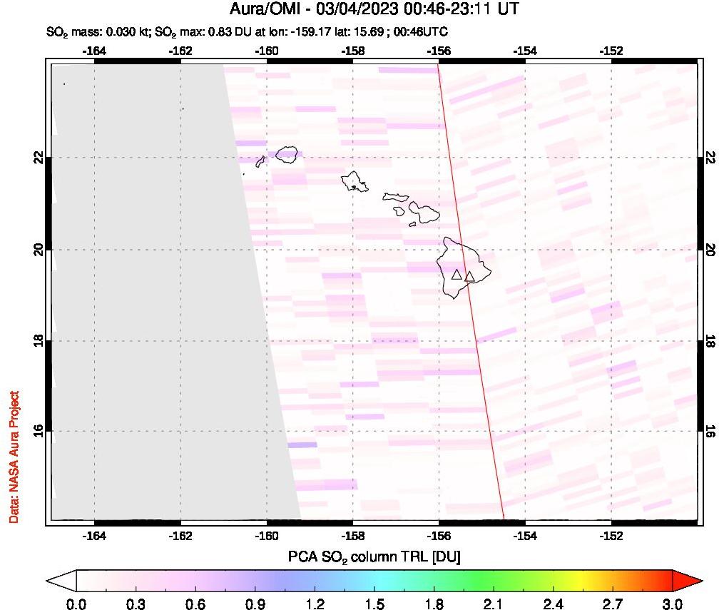 A sulfur dioxide image over Hawaii, USA on Mar 04, 2023.