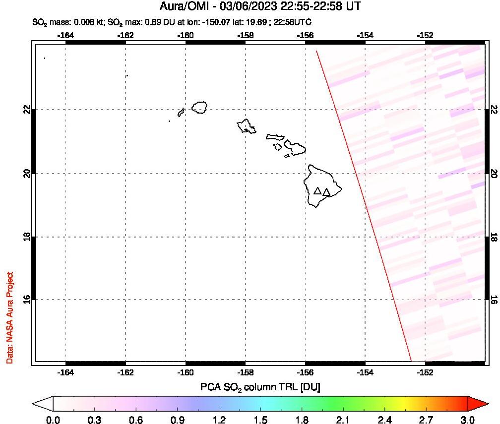A sulfur dioxide image over Hawaii, USA on Mar 06, 2023.