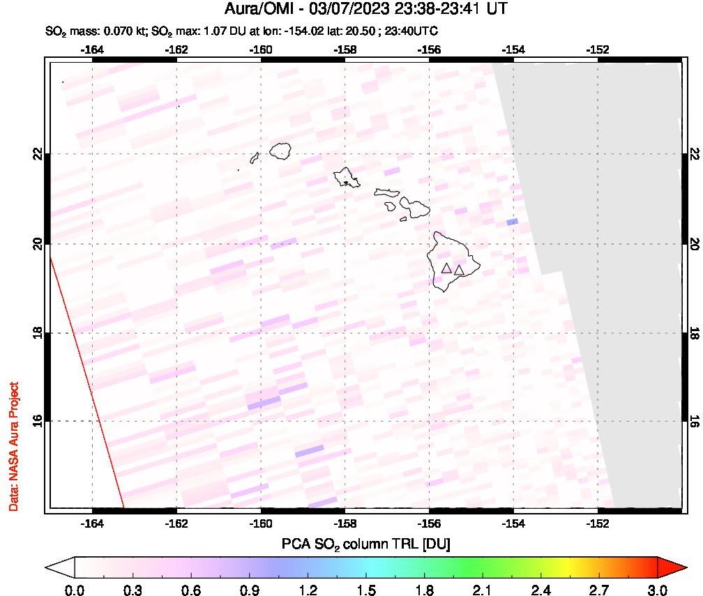 A sulfur dioxide image over Hawaii, USA on Mar 07, 2023.