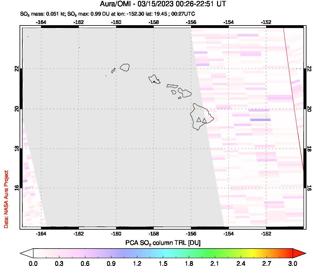 A sulfur dioxide image over Hawaii, USA on Mar 15, 2023.
