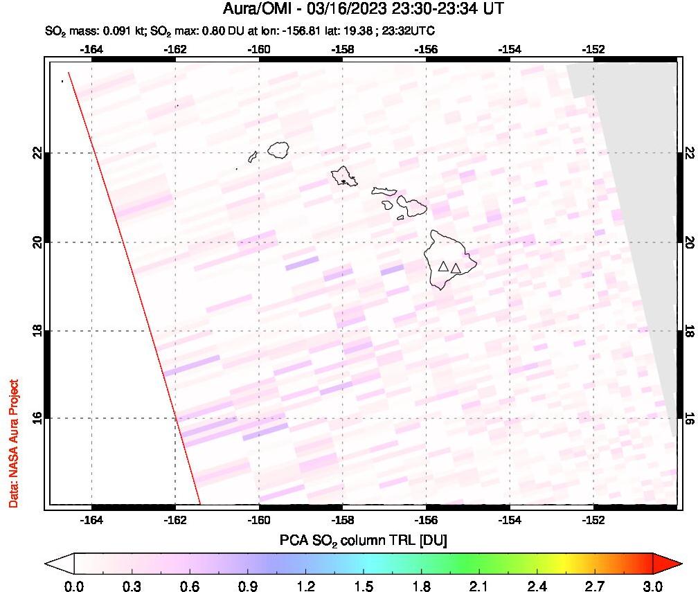 A sulfur dioxide image over Hawaii, USA on Mar 16, 2023.