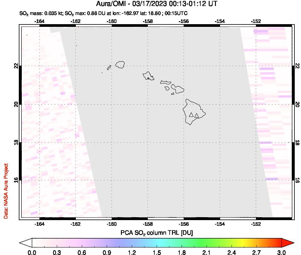 A sulfur dioxide image over Hawaii, USA on Mar 17, 2023.
