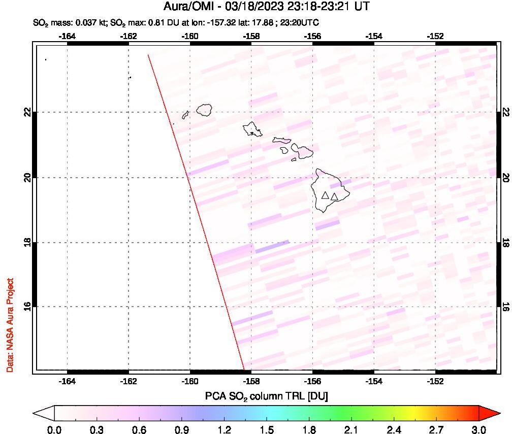 A sulfur dioxide image over Hawaii, USA on Mar 18, 2023.