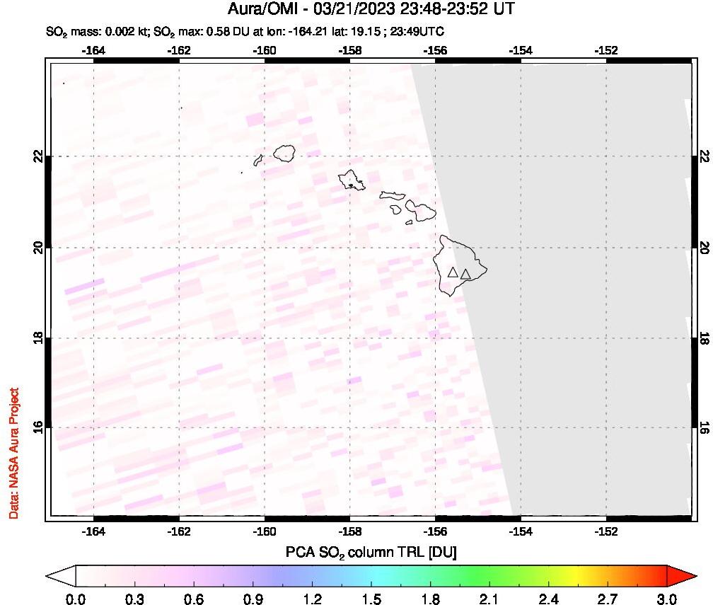 A sulfur dioxide image over Hawaii, USA on Mar 21, 2023.