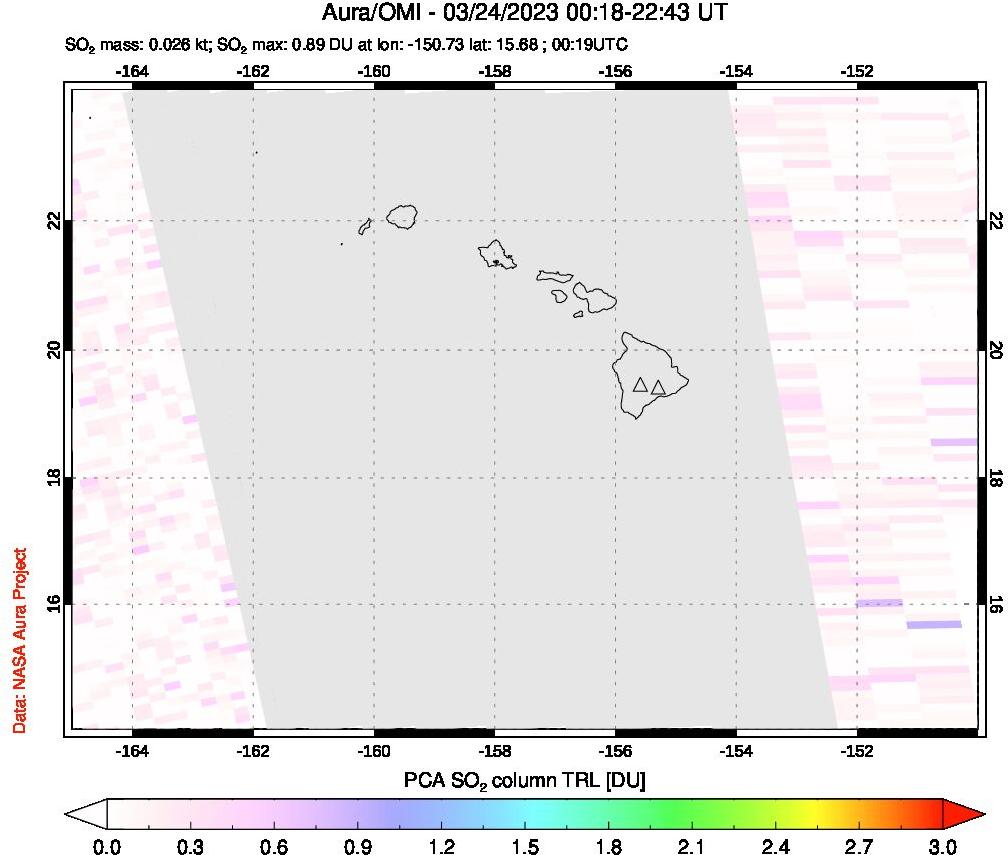 A sulfur dioxide image over Hawaii, USA on Mar 24, 2023.