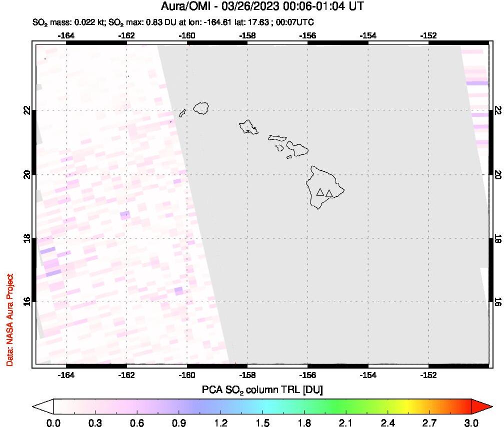 A sulfur dioxide image over Hawaii, USA on Mar 26, 2023.