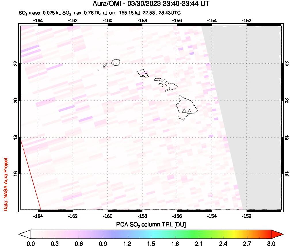 A sulfur dioxide image over Hawaii, USA on Mar 30, 2023.