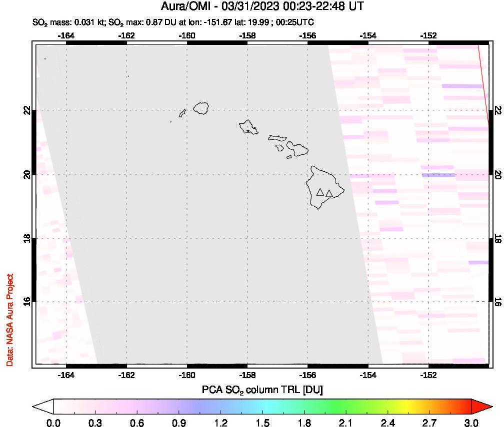 A sulfur dioxide image over Hawaii, USA on Mar 31, 2023.