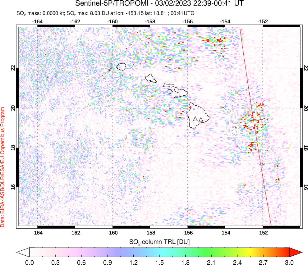 A sulfur dioxide image over Hawaii, USA on Mar 02, 2023.