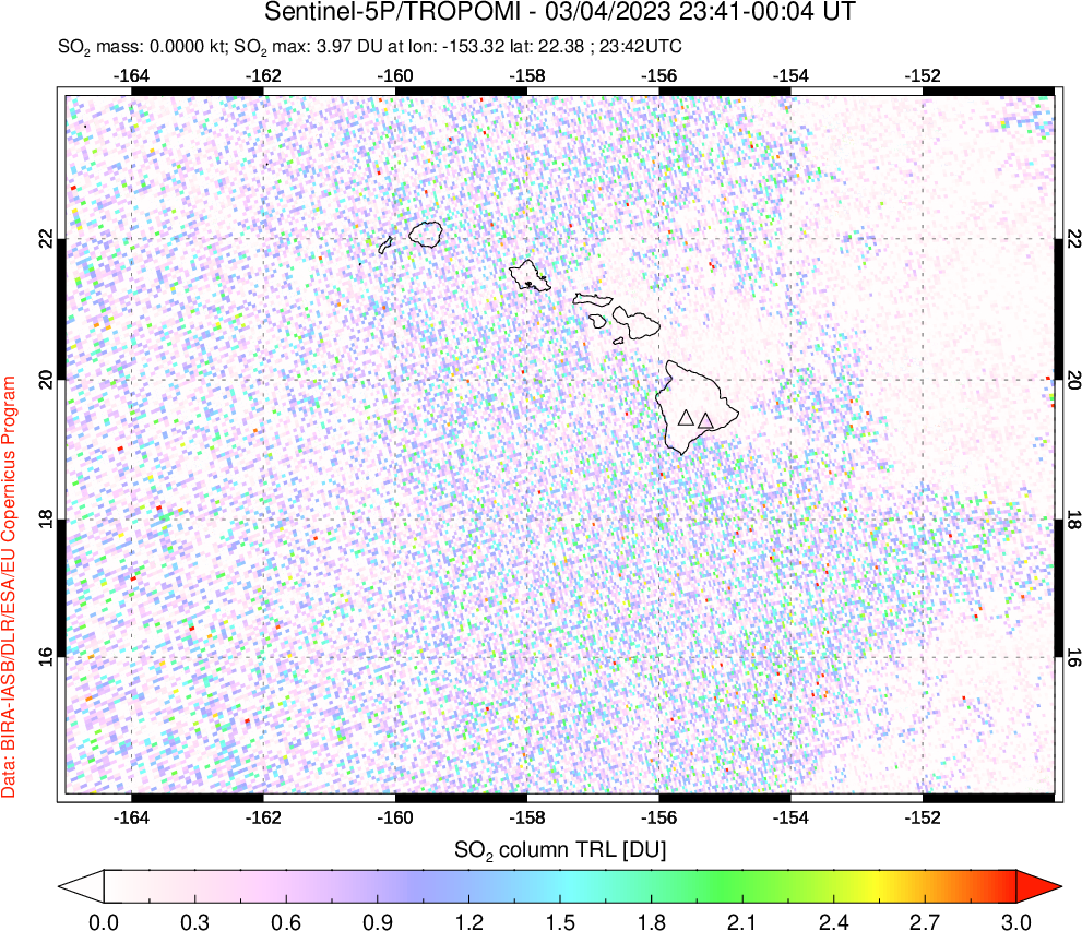 A sulfur dioxide image over Hawaii, USA on Mar 04, 2023.
