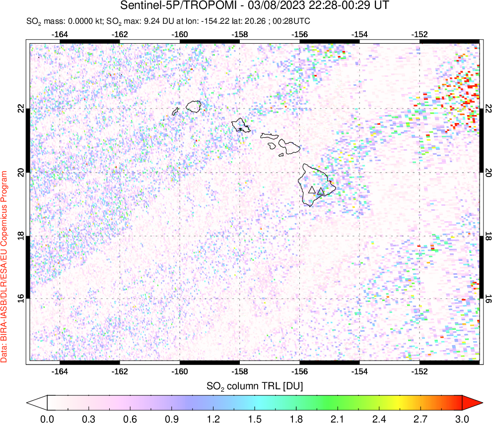 A sulfur dioxide image over Hawaii, USA on Mar 08, 2023.