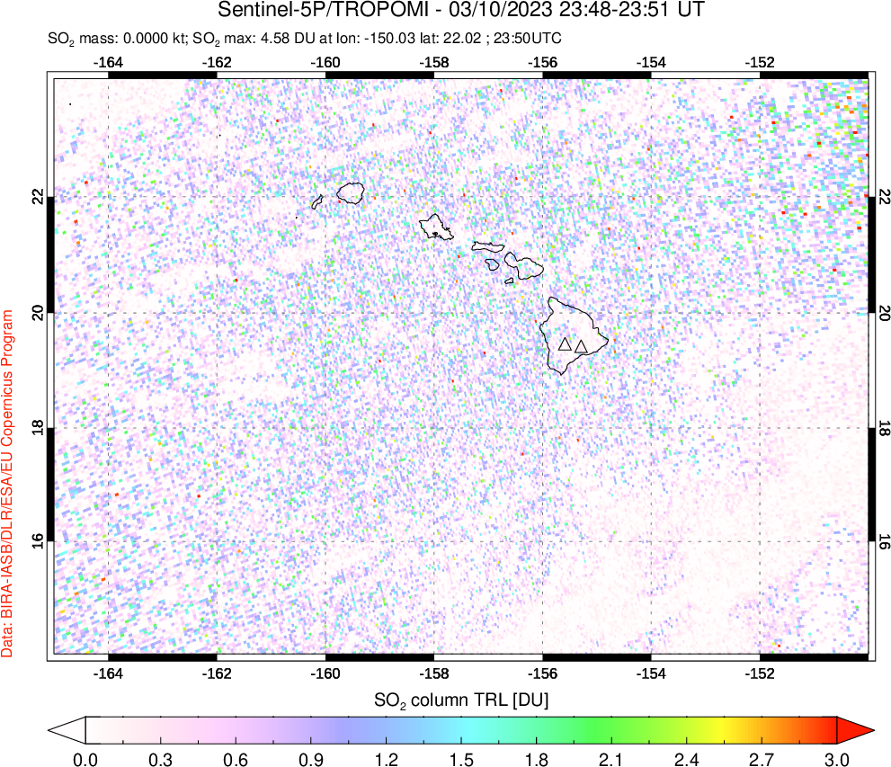 A sulfur dioxide image over Hawaii, USA on Mar 10, 2023.