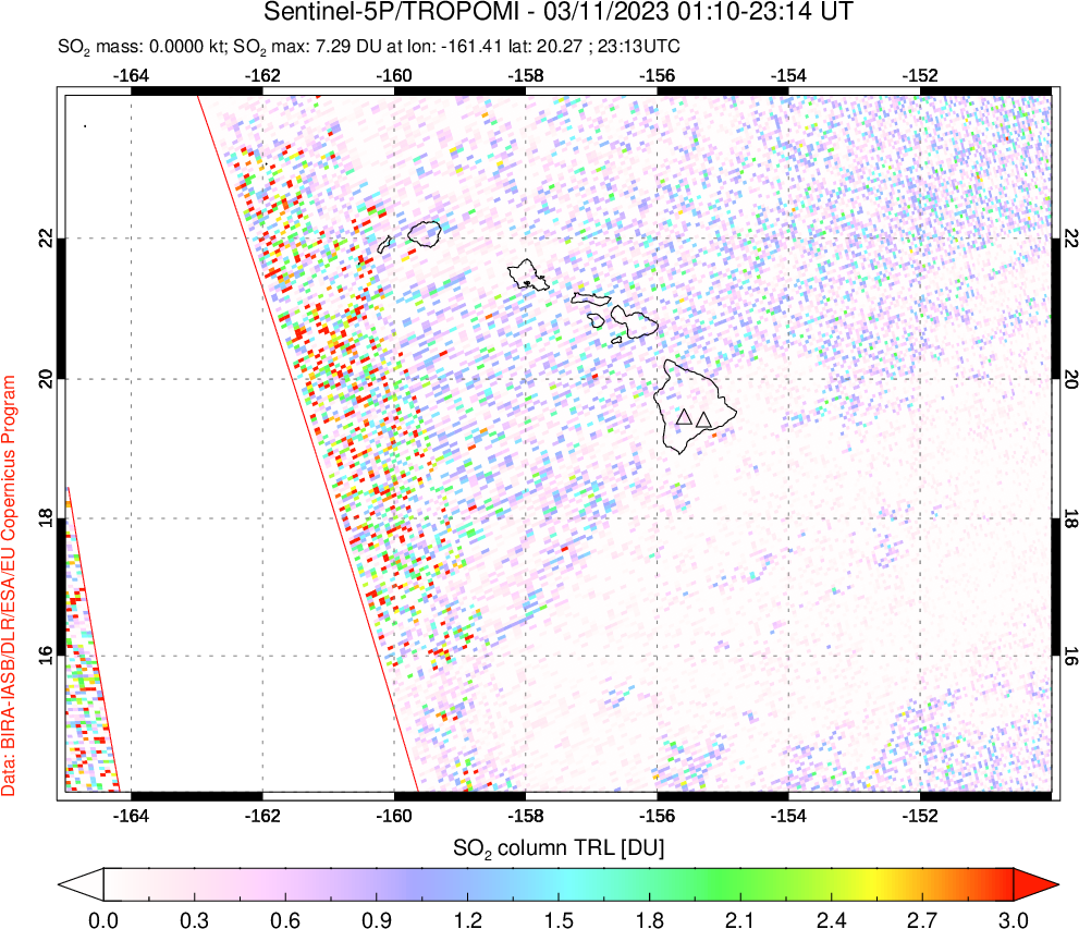 A sulfur dioxide image over Hawaii, USA on Mar 11, 2023.