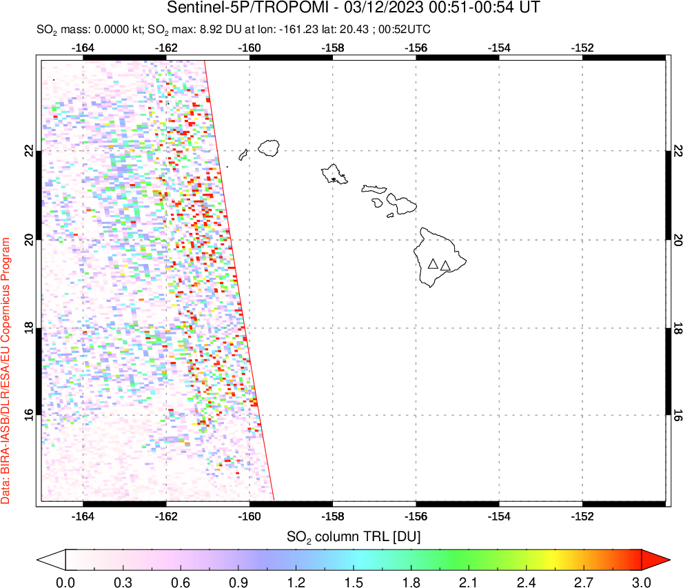A sulfur dioxide image over Hawaii, USA on Mar 12, 2023.