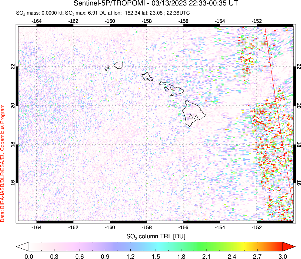 A sulfur dioxide image over Hawaii, USA on Mar 13, 2023.