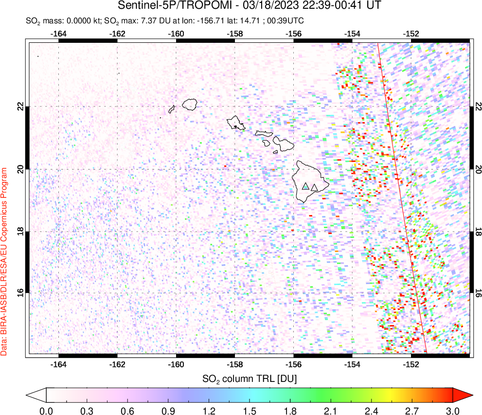 A sulfur dioxide image over Hawaii, USA on Mar 18, 2023.