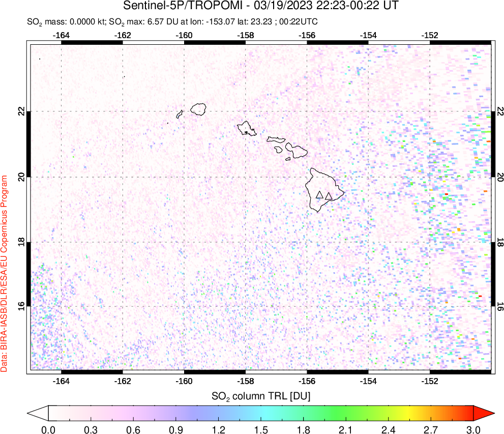 A sulfur dioxide image over Hawaii, USA on Mar 19, 2023.