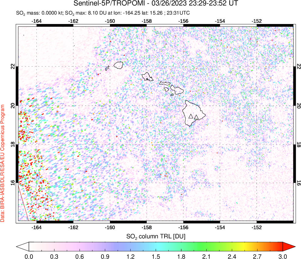 A sulfur dioxide image over Hawaii, USA on Mar 26, 2023.