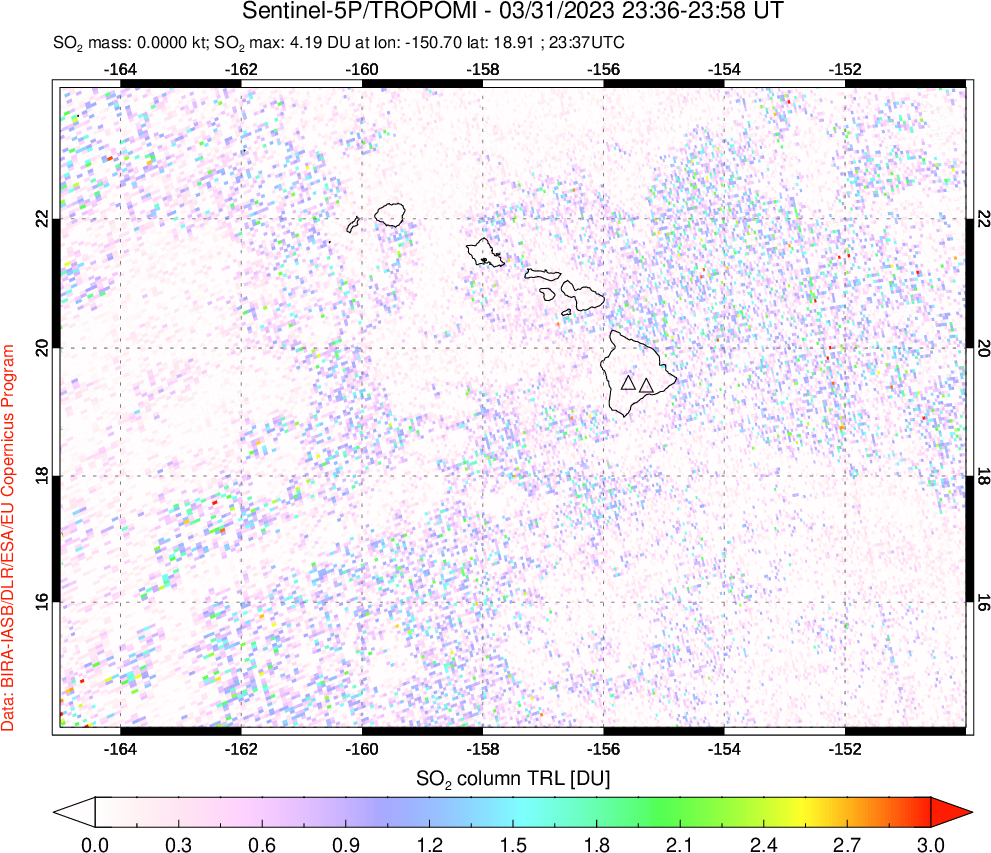 A sulfur dioxide image over Hawaii, USA on Mar 31, 2023.