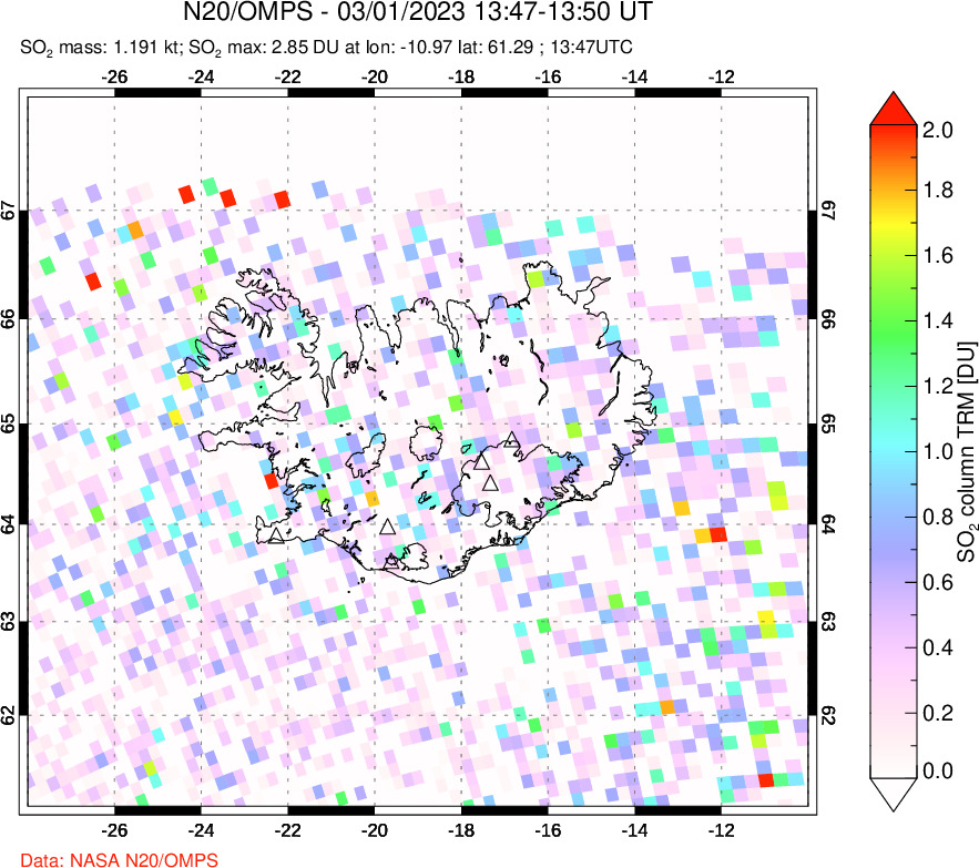 A sulfur dioxide image over Iceland on Mar 01, 2023.