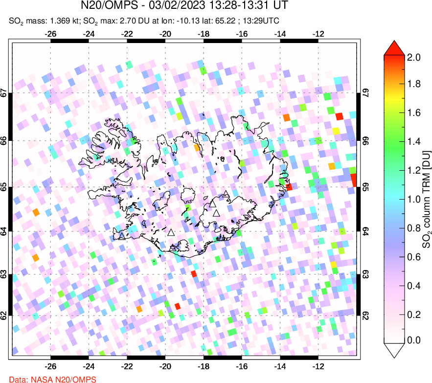 A sulfur dioxide image over Iceland on Mar 02, 2023.