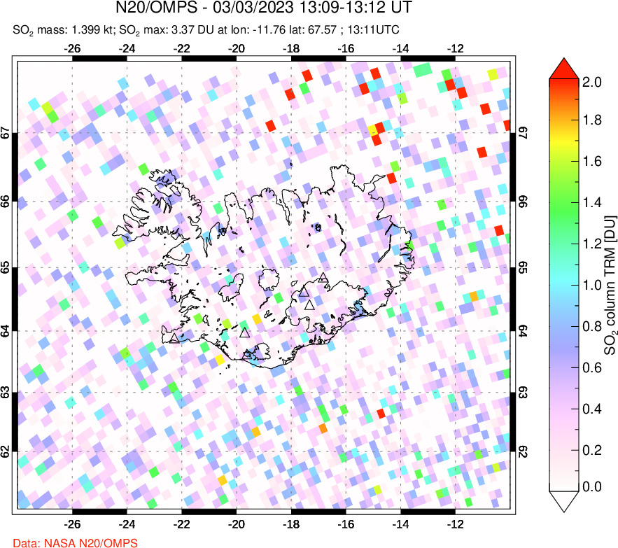 A sulfur dioxide image over Iceland on Mar 03, 2023.