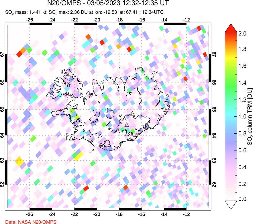 A sulfur dioxide image over Iceland on Mar 05, 2023.