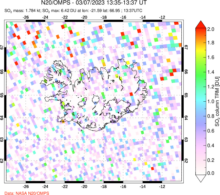 A sulfur dioxide image over Iceland on Mar 07, 2023.