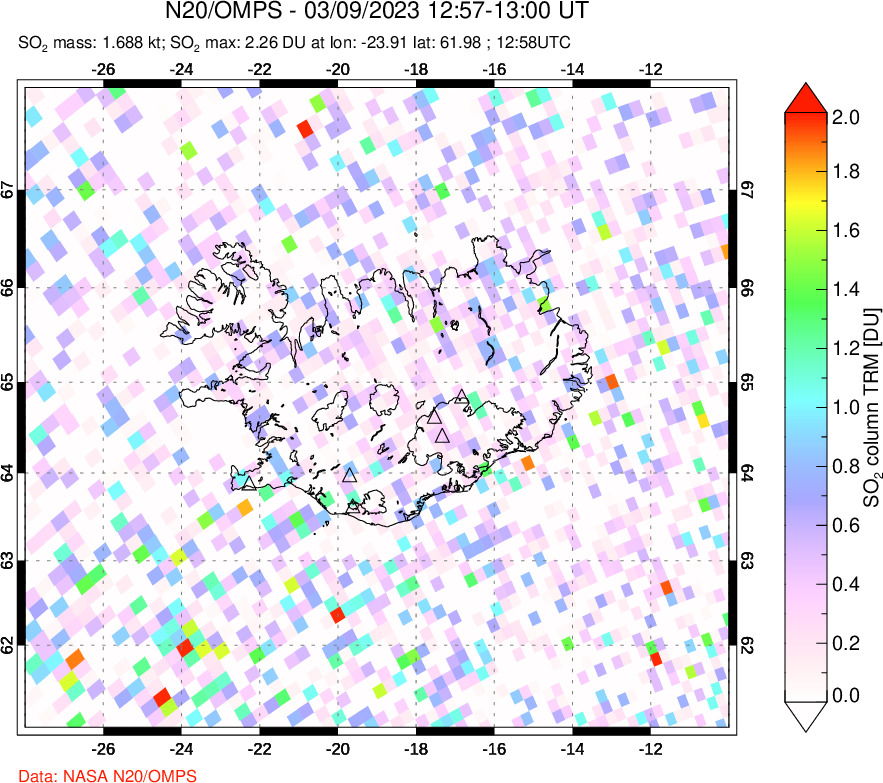 A sulfur dioxide image over Iceland on Mar 09, 2023.