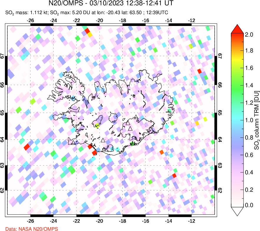 A sulfur dioxide image over Iceland on Mar 10, 2023.