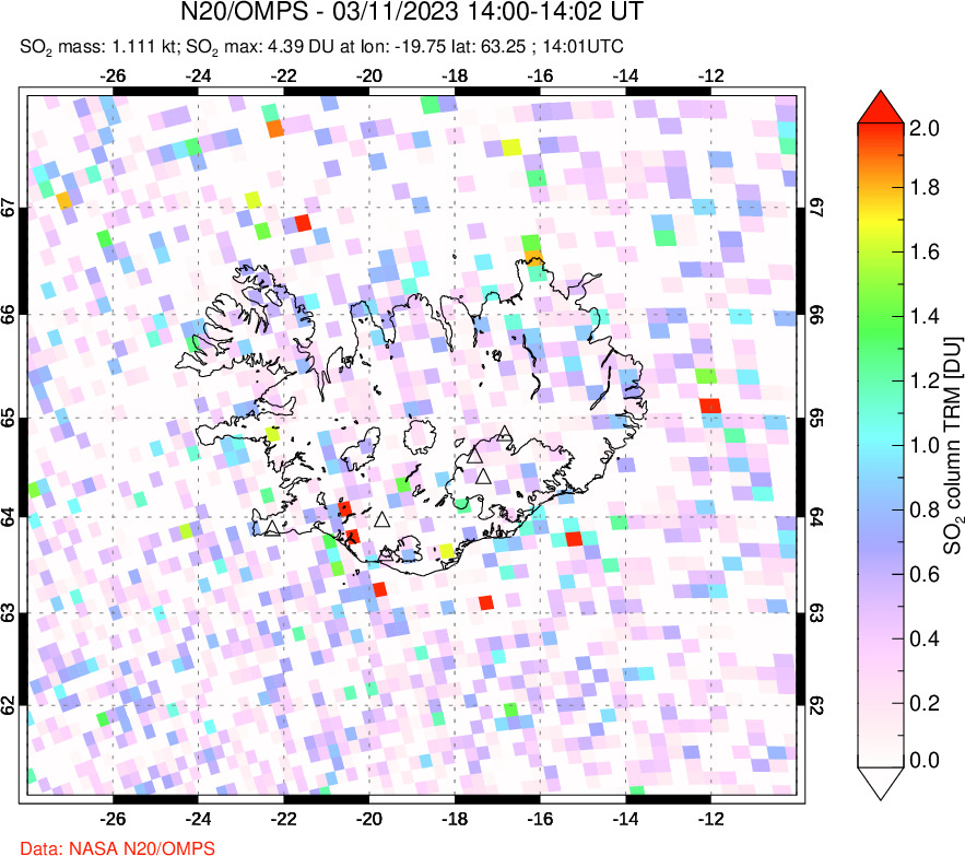 A sulfur dioxide image over Iceland on Mar 11, 2023.