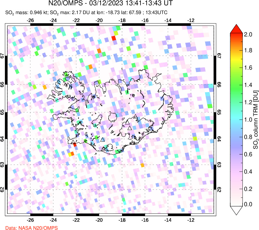 A sulfur dioxide image over Iceland on Mar 12, 2023.