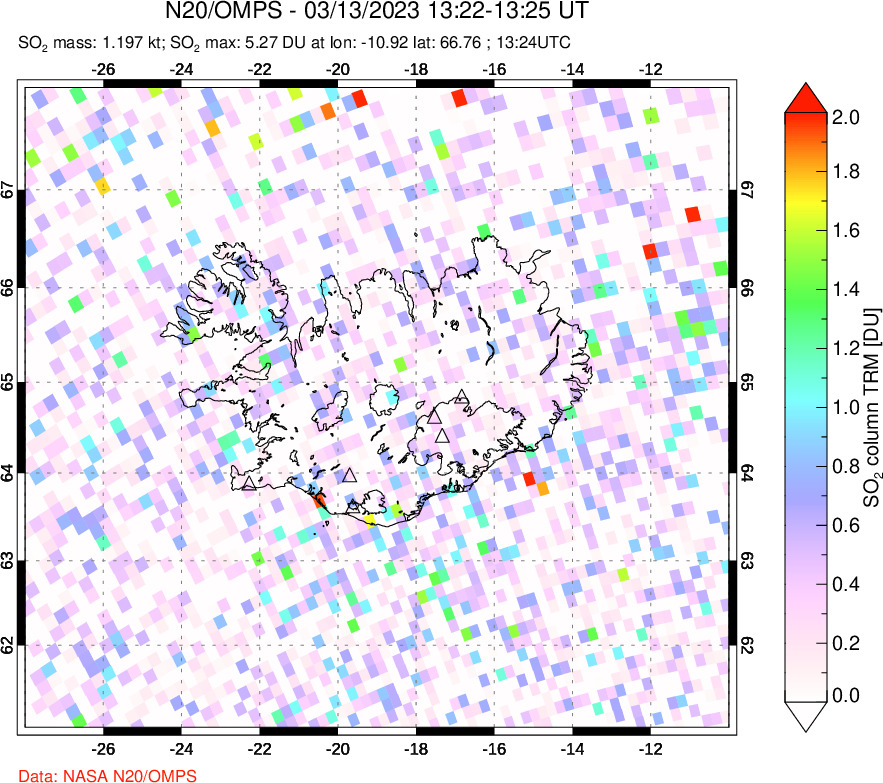 A sulfur dioxide image over Iceland on Mar 13, 2023.