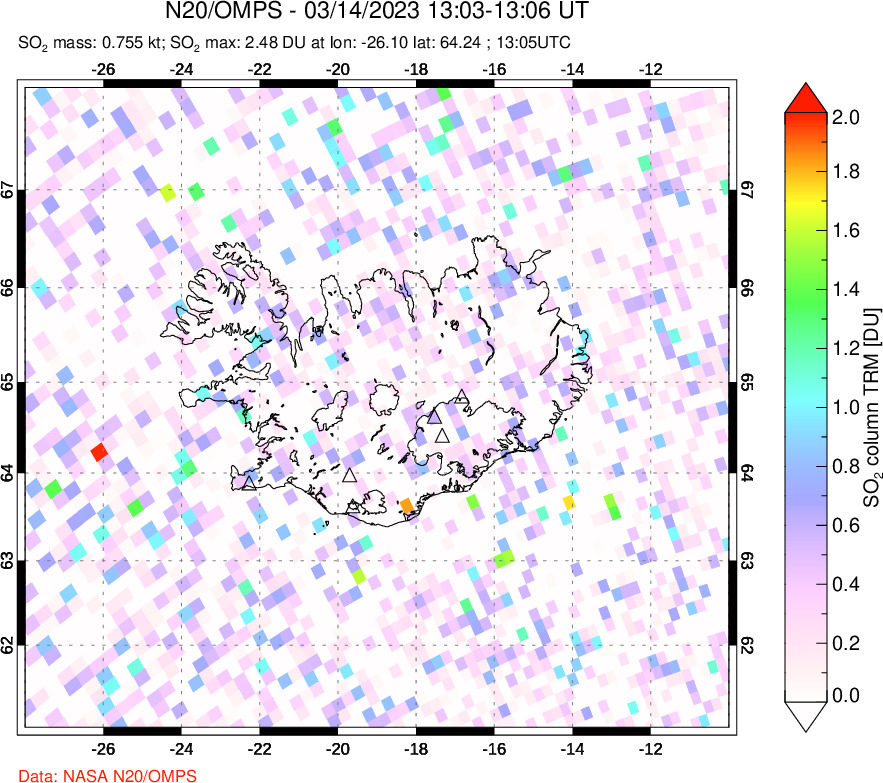 A sulfur dioxide image over Iceland on Mar 14, 2023.