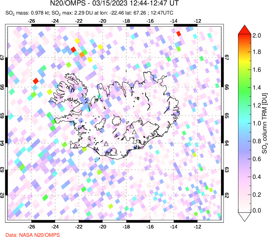 A sulfur dioxide image over Iceland on Mar 15, 2023.