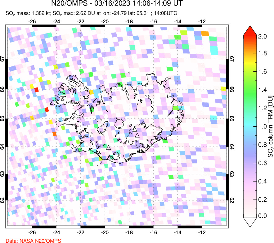 A sulfur dioxide image over Iceland on Mar 16, 2023.