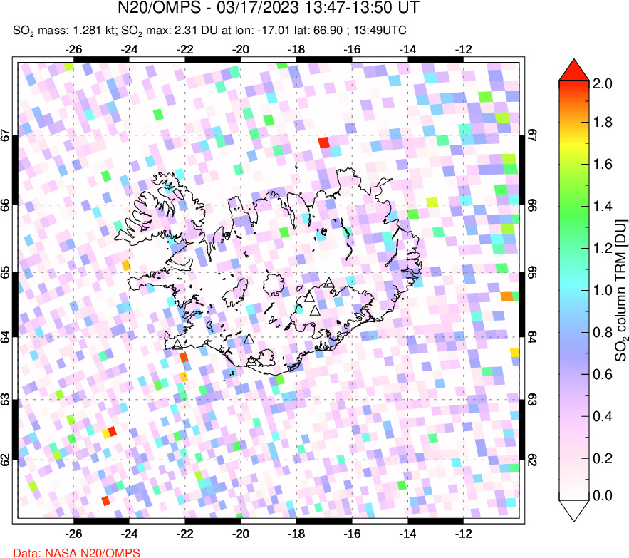 A sulfur dioxide image over Iceland on Mar 17, 2023.