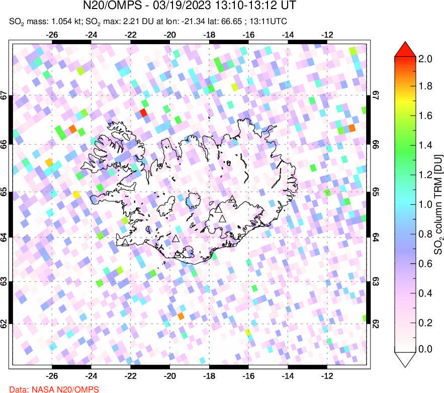 A sulfur dioxide image over Iceland on Mar 19, 2023.