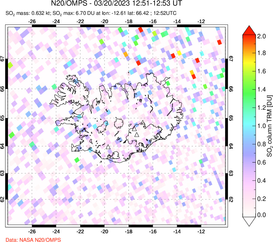 A sulfur dioxide image over Iceland on Mar 20, 2023.