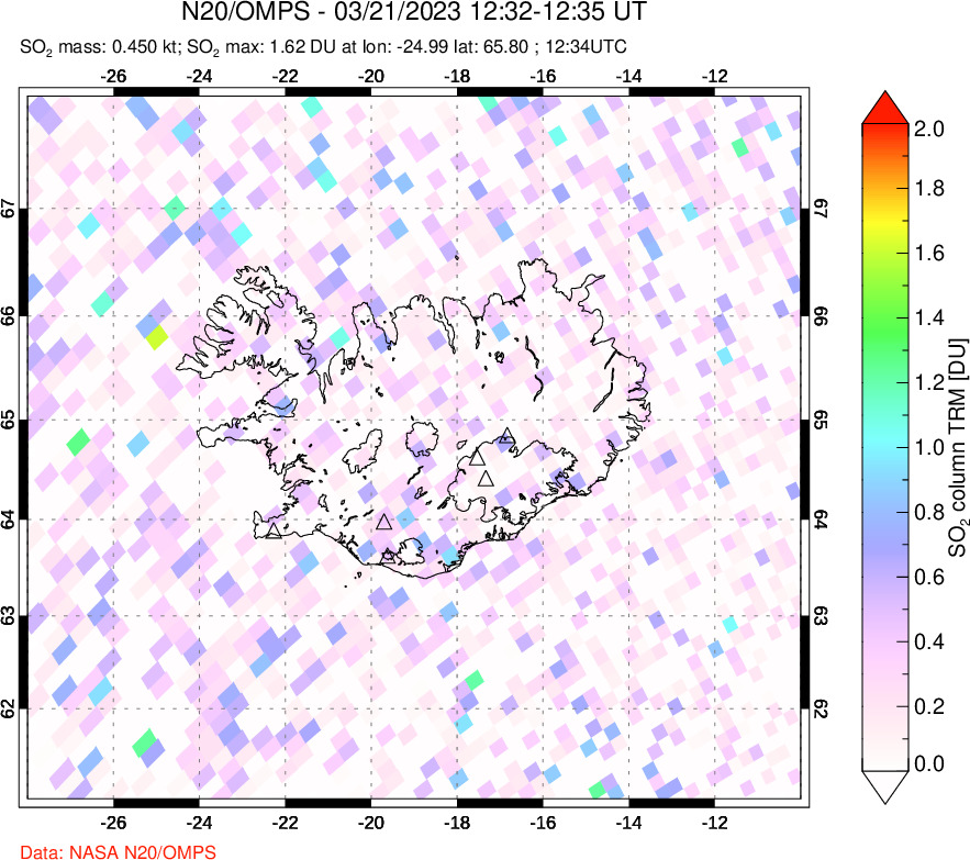 A sulfur dioxide image over Iceland on Mar 21, 2023.