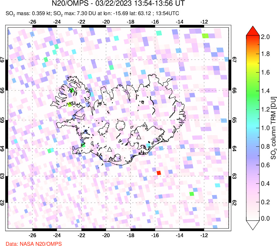 A sulfur dioxide image over Iceland on Mar 22, 2023.