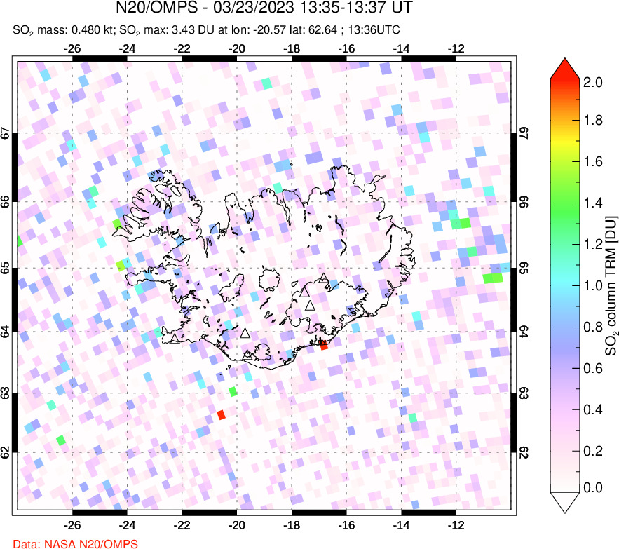 A sulfur dioxide image over Iceland on Mar 23, 2023.