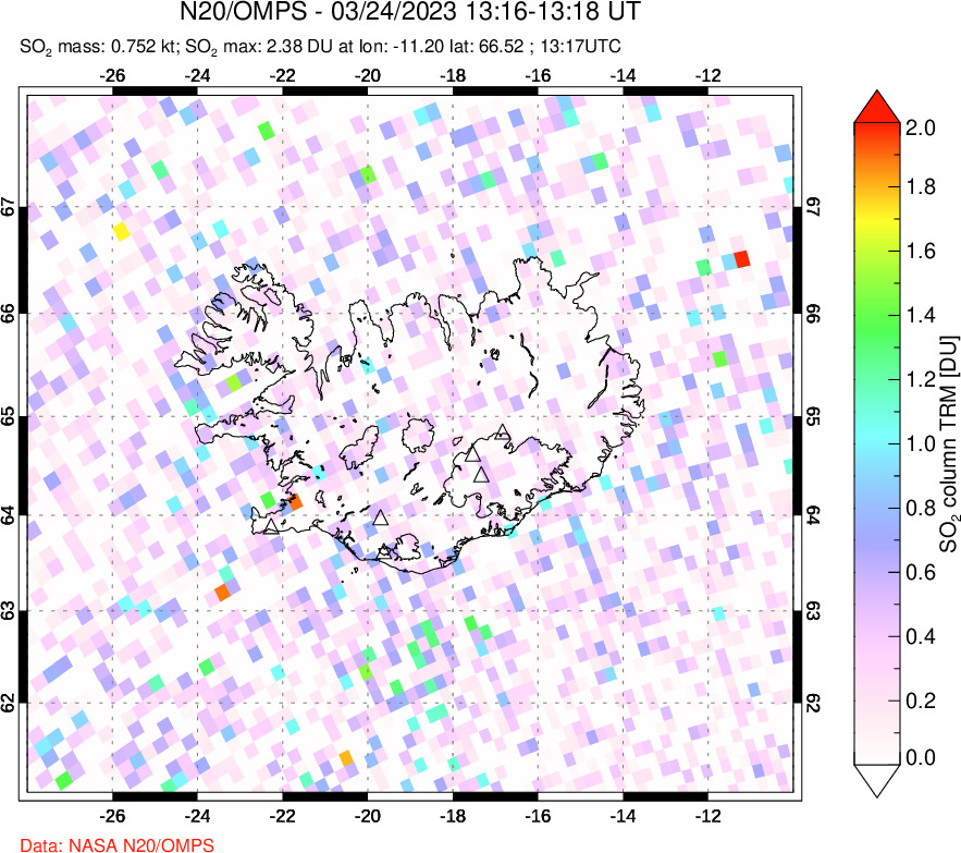 A sulfur dioxide image over Iceland on Mar 24, 2023.