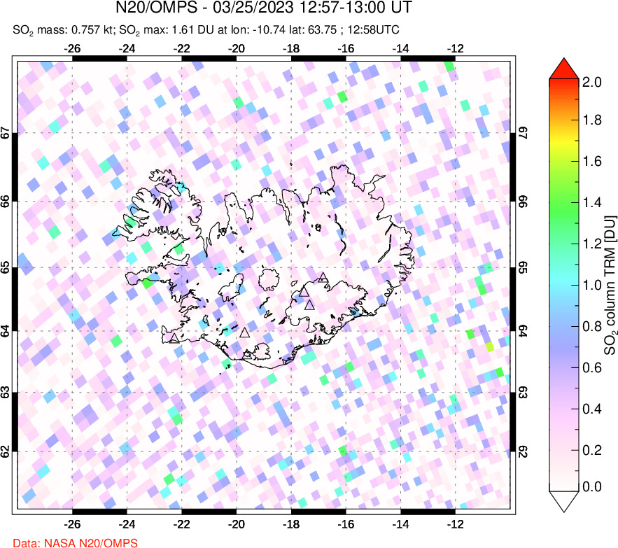 A sulfur dioxide image over Iceland on Mar 25, 2023.