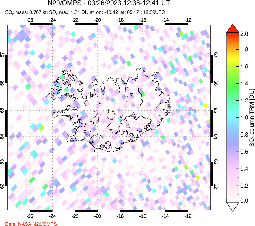 A sulfur dioxide image over Iceland on Mar 26, 2023.