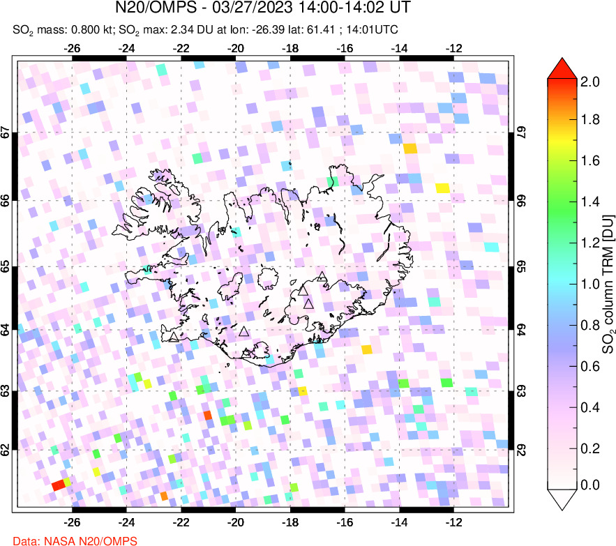 A sulfur dioxide image over Iceland on Mar 27, 2023.