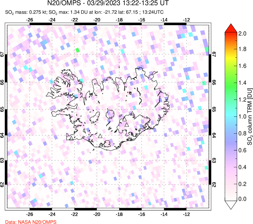 A sulfur dioxide image over Iceland on Mar 29, 2023.