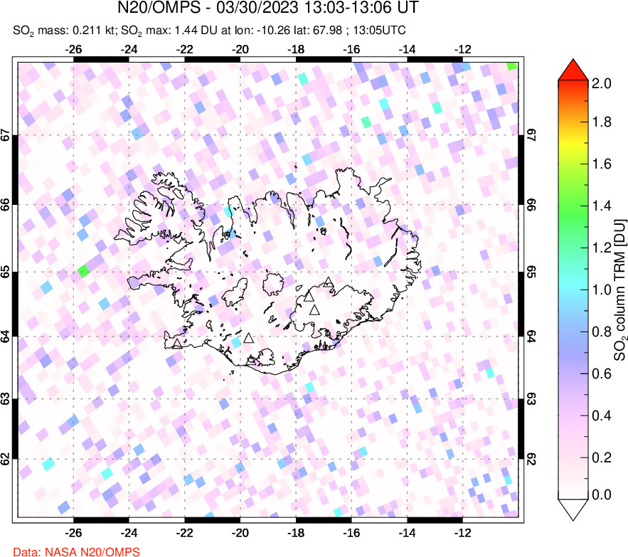 A sulfur dioxide image over Iceland on Mar 30, 2023.