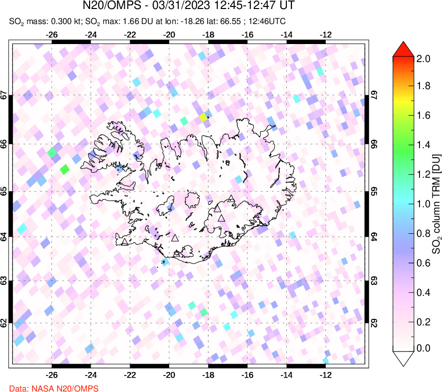 A sulfur dioxide image over Iceland on Mar 31, 2023.