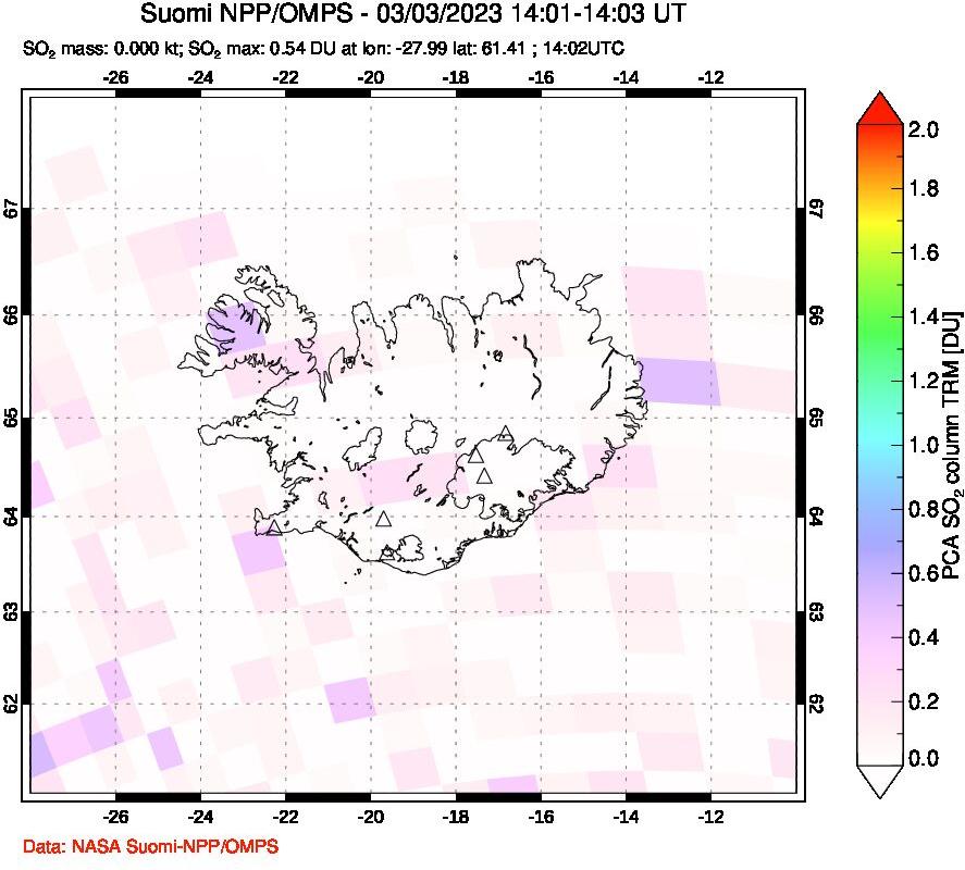 A sulfur dioxide image over Iceland on Mar 03, 2023.